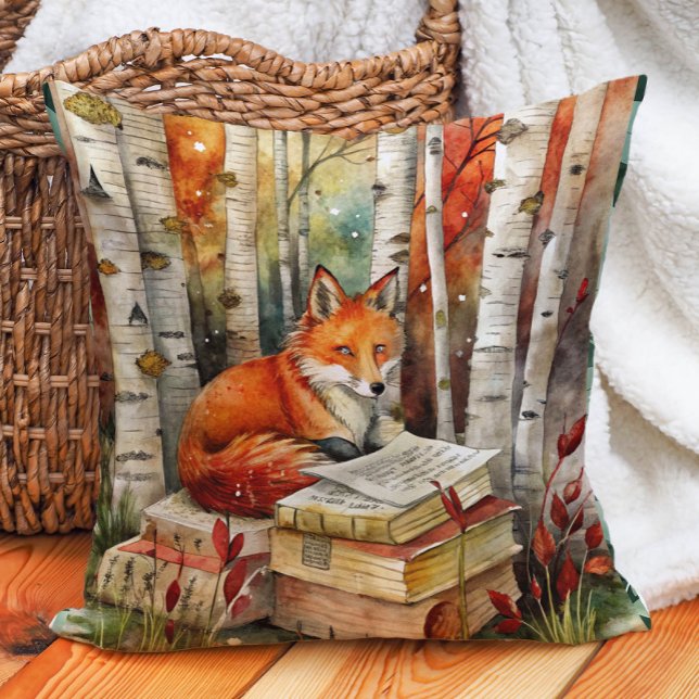 Rustik Vintage Rävg Böcker Skog Höst Kudde (Fox and books woodland decorator pillow)