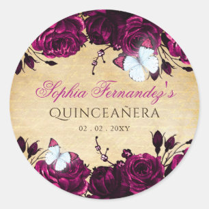 Rustik Vintage Rosa Blommig Fjäril Runt Klistermärke