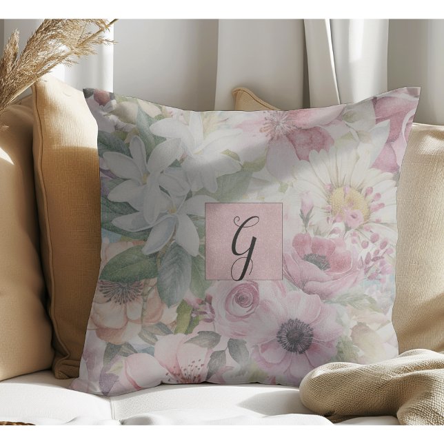 Rustik Vintage Rosabruten Blommönster Monogram Kudde (Skapare uppladdad)