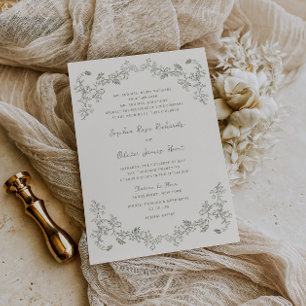 Rustik Vintage Sage Blommigt Line Art Bröllop Inbjudningar