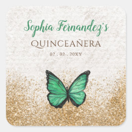 Rustik Vintage Smaragdgrön Guld Fjäril  Fyrkantigt Klistermärke