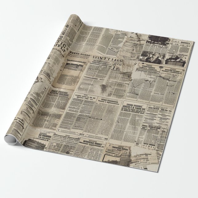 Rustik Vintage Tidningslappskollage Presentpapper (Utrullad)