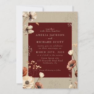 Rustik Vintage Torra vilda blommor Burgundy Bröllo Inbjudningar