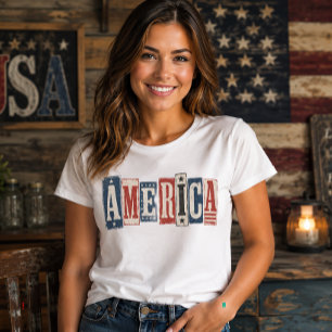 Rustik Vintage Träblock AMERIKA Patriotisk T Shirt