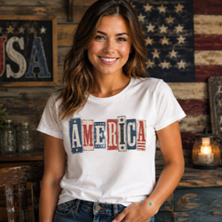 Rustik Vintage Träblock AMERIKA Patriotisk T Shirt