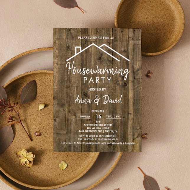 Rustik Vintage Trästruktur Modern Inflyttningsfest Inbjudningar (Rustic Vintage Woodgrain Modern Housewarming Party Invitation open houses or holiday gatherings )