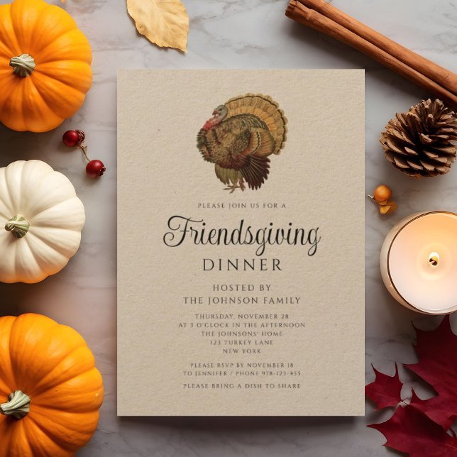 Rustik Vintage Turkiet Friendsgiving Middag Inbjudningar (Rustic Vintage Turkey Thanksgiving Dinner Invitation)