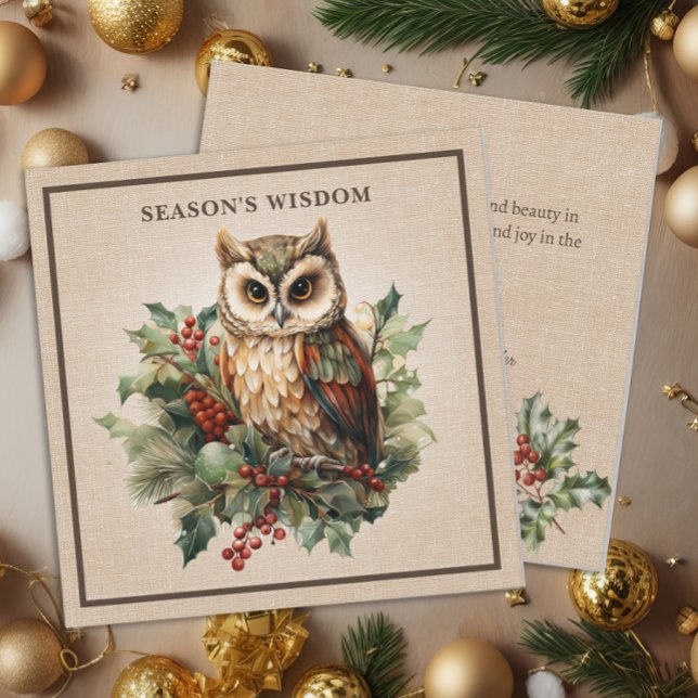 Rustik Vintage Ugglas Skogslinne Julkort (Rustic Vintage Owl Woodland Burlap Holiday Card)