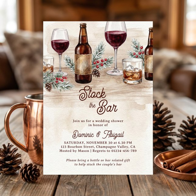 Rustik Vinter Aktershytt för Par Bröllopsdusch Inbjudningar (Rustic stock the bar couples shower invitation with wine beer and winter greenery by Darling & May)