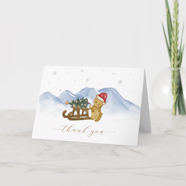 Rustik vinter fjäll släde björn baby shower tack kort (Framsida)