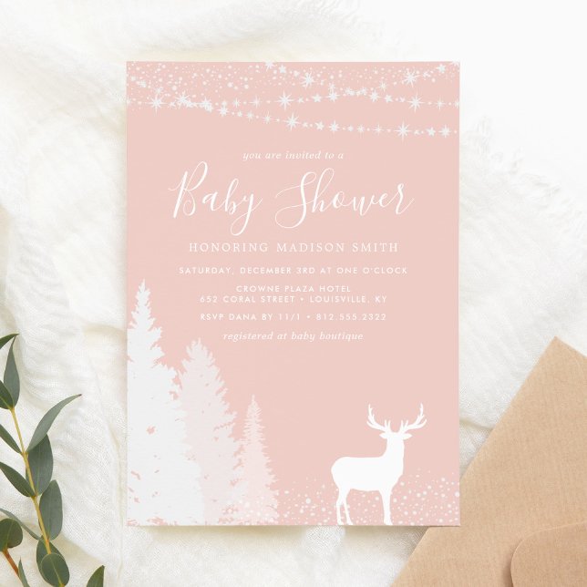 Rustik vinter hjort skogsmark blush rosa babyfiran inbjudningar (Skapare uppladdad)