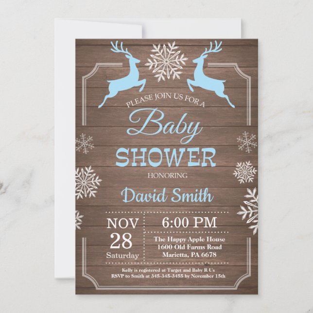 Rustik vinter hjort snöflinga pojke baby shower inbjudningar (Framsida)