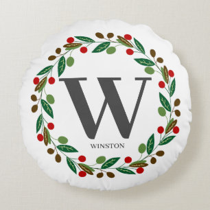 Rustik vinter jul monogram initial krans rund kudde
