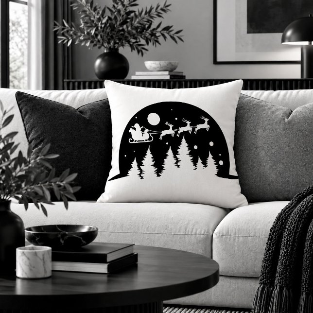 Rustik vinter jul scen svart vit kudde A (Rustic Winter Christmas Scene Black White Pillow Art)