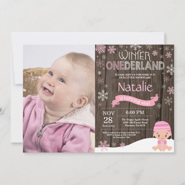 Rustik vinter Onederland 1-års födelsedagsinbjudan Inbjudningar (Framsida)