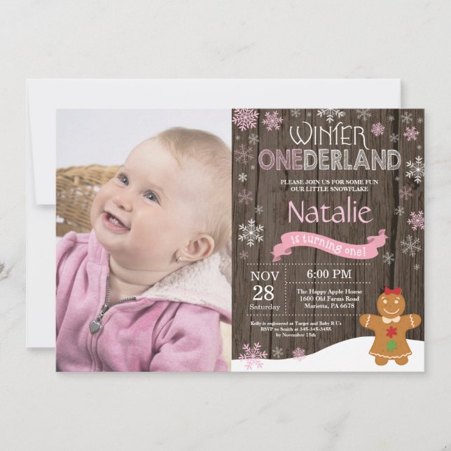 Rustik vinter Onederland 1-års födelsedagsinbjudan Inbjudningar (Framsida)