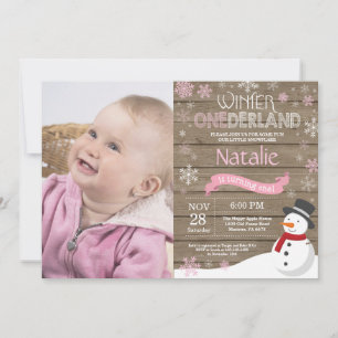 Rustik vinter Onederland 1-års födelsedagsinbjudan Inbjudningar