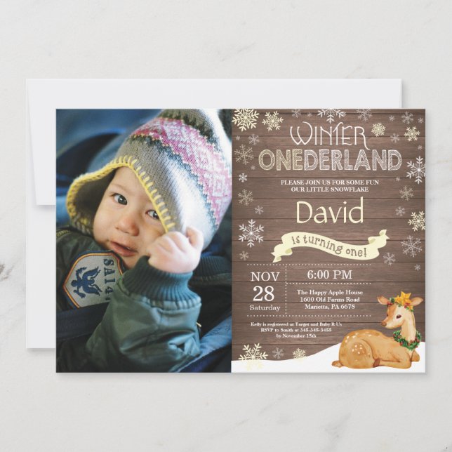 Rustik Vinter Onederland Hjort 1-årsdag Inbjudningar (Framsida)