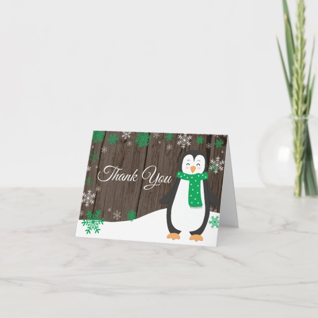 Rustik Vinter Pingvin Grön Snöflinga Tack Kort (Framsida)