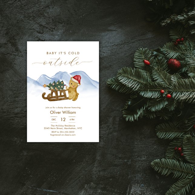 Rustik vinter skog släde björn baby shower inbjudningar (Rustic Winter Woodland Sleigh Bear Baby Shower Invitation)