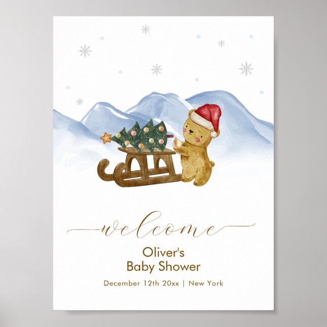 Rustik vinter släde björn baby shower välkomstskyl poster (Framsidan)