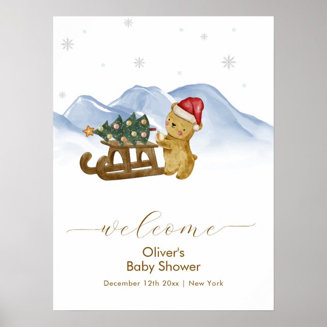 Rustik vinter släde björn baby shower välkomstskyl poster (Framsidan)