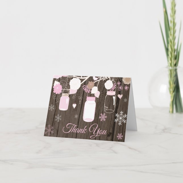 Rustik vinter snöflinga murar burk rosa tack kort (Framsida)