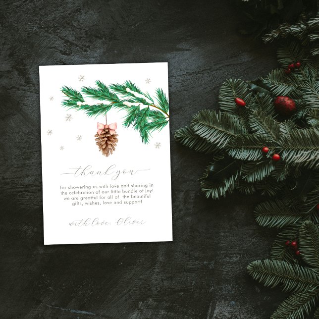 Rustik vinter snöflinga Tallkotte Bebis firande  Tack Kort (Rustic Winter Snowflake Pine cone Baby Shower Thank You Card)