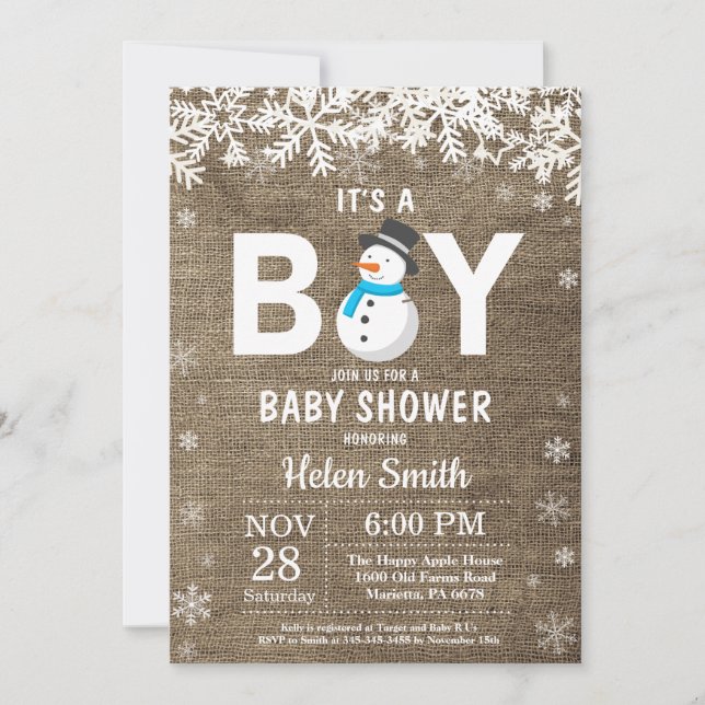Rustik vinter snöman pojke baby shower inbjudan (Framsida)