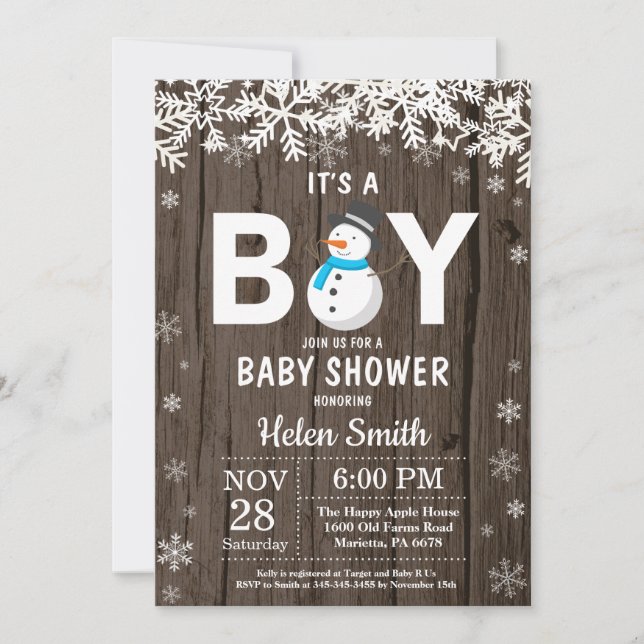 Rustik vinter snöman pojke baby shower inbjudan (Framsida)