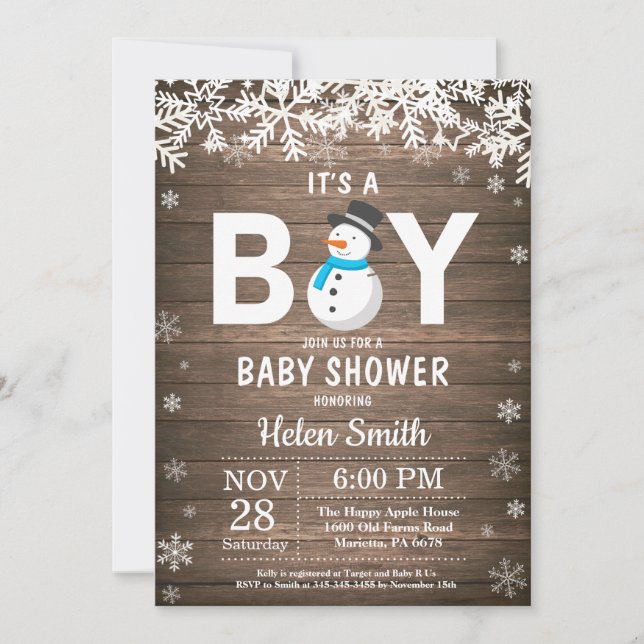 Rustik vinter snöman pojke baby shower inbjudan (Framsida)