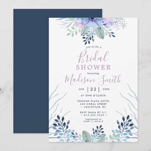 Rustik Vinterblomma Navy Watercolor Bröllopsdusch Inbjudningar (Fram/baksida)