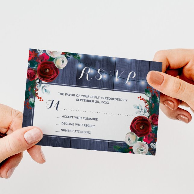 Rustik vinterblommig bröllop elegant marinblå RSVP Tilläggskort (Skapare uppladdad)