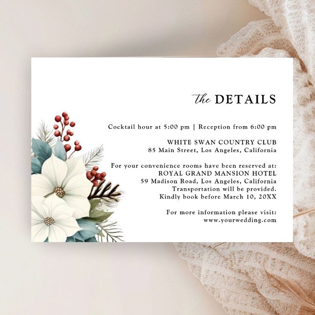 Rustik vinterblommig julbröllopsdetaljer tilläggskort (Skapare uppladdad)