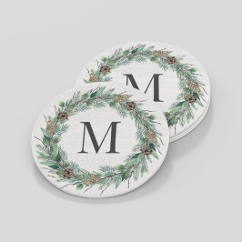 Rustik vintergrön monogram initial krans underlägg papper rund
