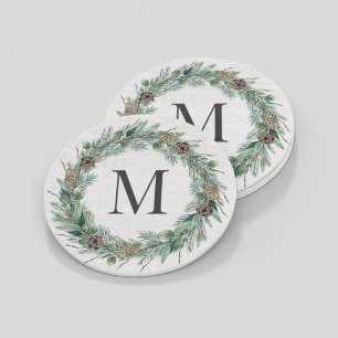 Rustik vintergrön monogram initial krans underlägg papper rund