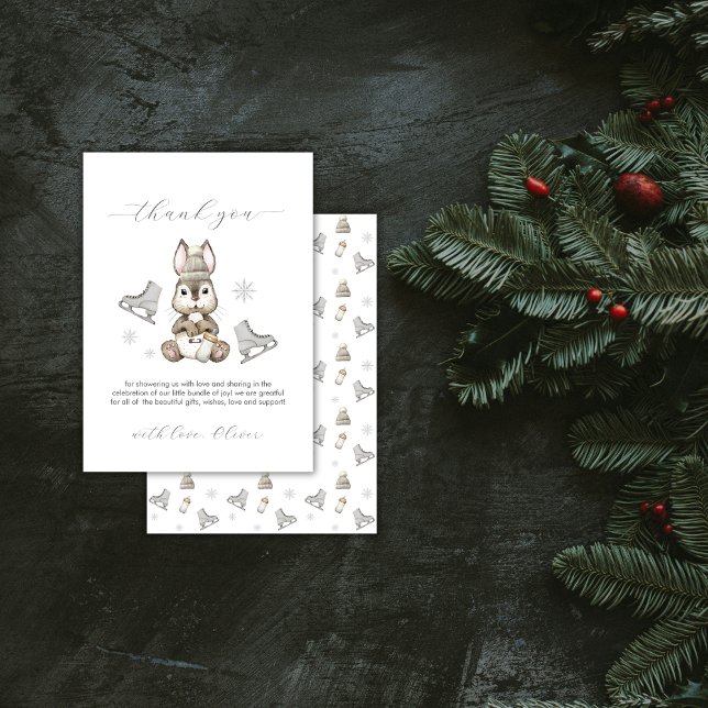 Rustik vinterkanin isdans Baby Shower Tack Kort (Rustic Winter Bunny Ice Skate Baby Shower Thank You Card)
