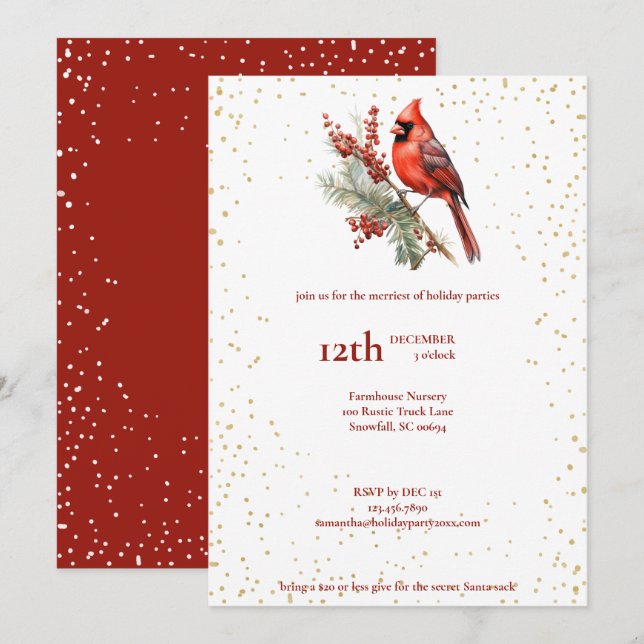 Rustik Vinterkardinal med Vattenfärg Holly-kvist Julkort (Fram/baksida)