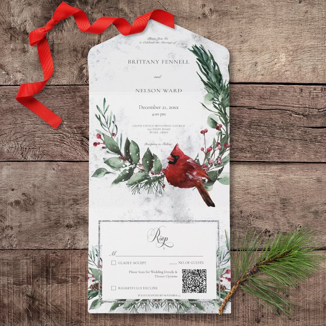 Rustik vinterkrans och röd kardinal QR- kod (Rustic Winter Wreath & Red Cardinal All In One Wedding Invitation with QR Code)