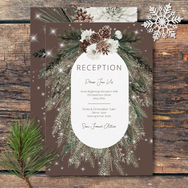 Rustik Vintermörk Koppelrecepion med tall och gnis Tilläggskort (Rustic Cocoa Pine Winter Sparkle Reception Enclosure Card)
