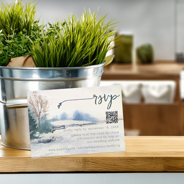 Rustik vinterscenografi tallbröllops QR-kod OSA Kort (Rustic Winter Scenery Pine Tree Wedding QR Code RSVP Card)