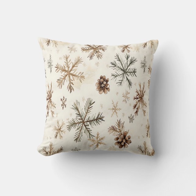 Rustik vintertid snöflingor och pinekonomier kudde (Framsida)