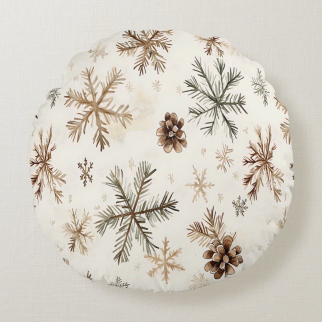 Rustik vintertid snöflingor och pinekonomier rund kudde (Framsidan)