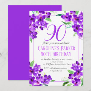 Rustik Violett 90-årsdag Lila Blommig Inbjudningar