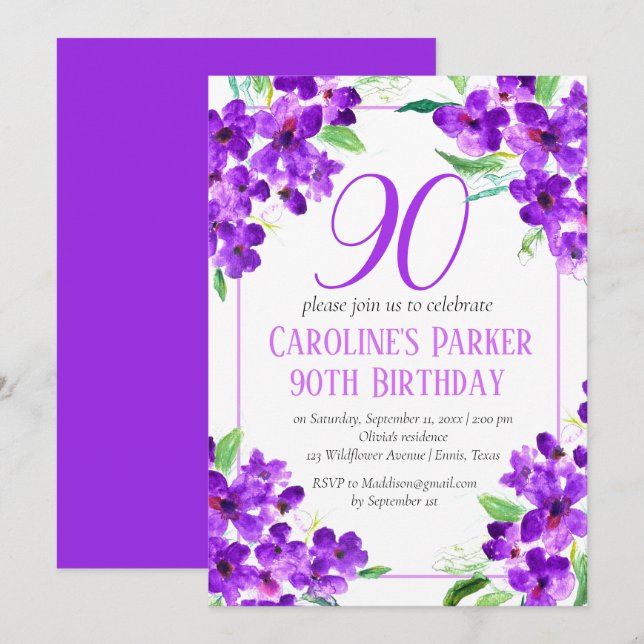 Rustik Violett 90-årsdag Lila Blommig Inbjudningar (Fram/baksida)
