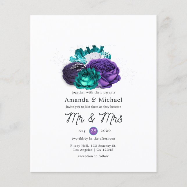Rustik Violett och Turkos Blommig Bröllopsinbjudan Flygblad (Framsidan)