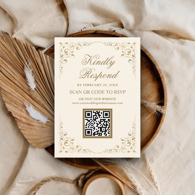 Rustik Virvel Ram Kräm Guld QR Kod RSVP Bröllop Tilläggskort (Skapare uppladdad)