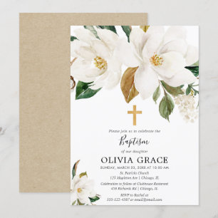 Rustik vit blommigt magnolia greenery baptism inbjudningar