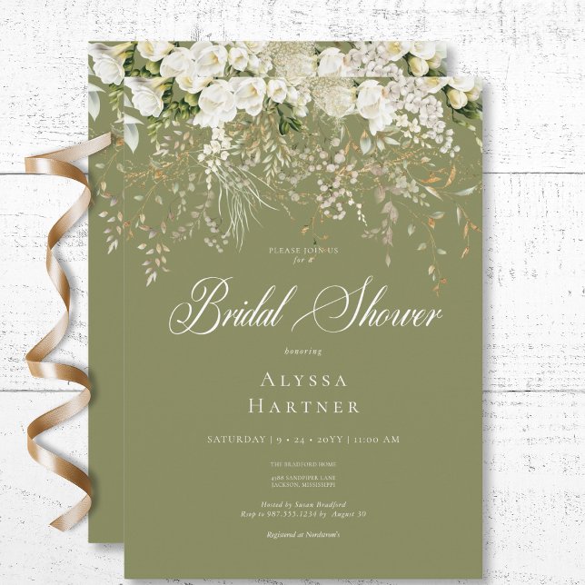 Rustik vit Blommigt, Möhippa för anfallsbild Grönt Inbjudningar (Rustic White Floral Drop Sage Green Bridal Shower Invitation)