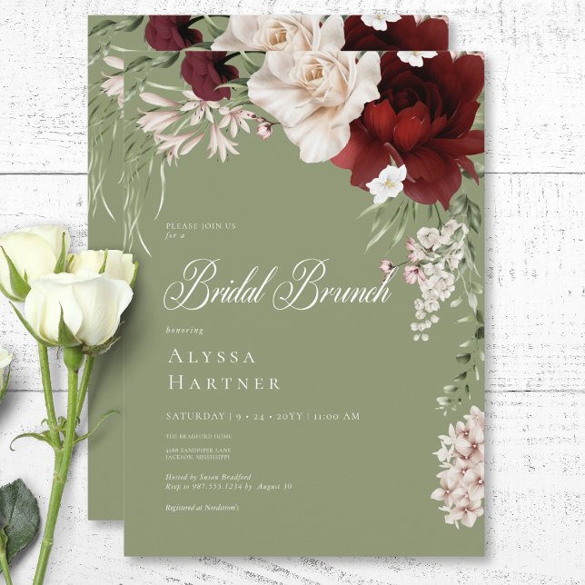 Rustik vit & burgunderfärgad blomstergrön bröllops inbjudningar (Rustic White & Burgundy Floral Green Bridal Brunch Invitation)